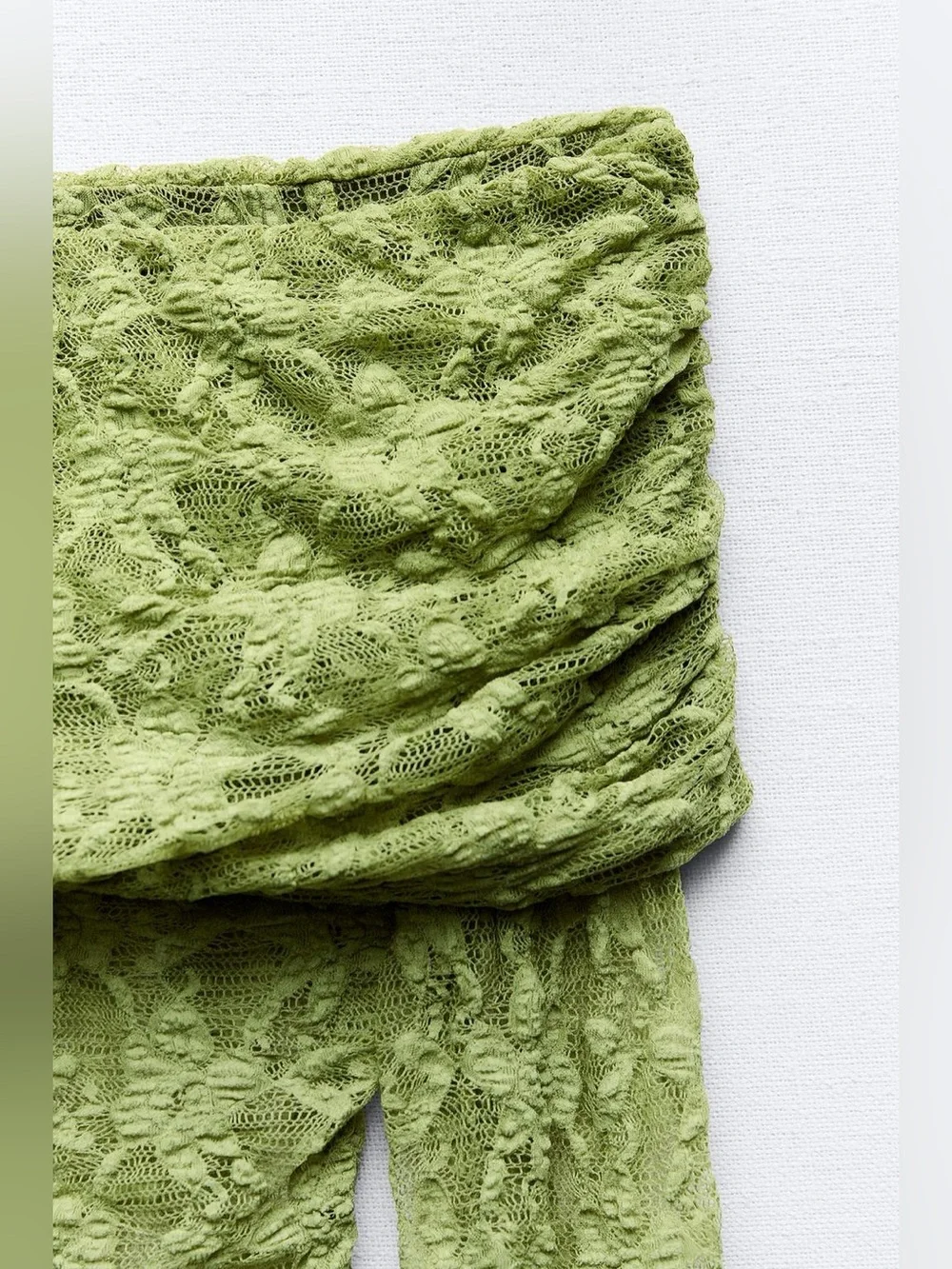 Zara Lace Top With Open Shoulders Translucent Square Neckline Pistachio Green